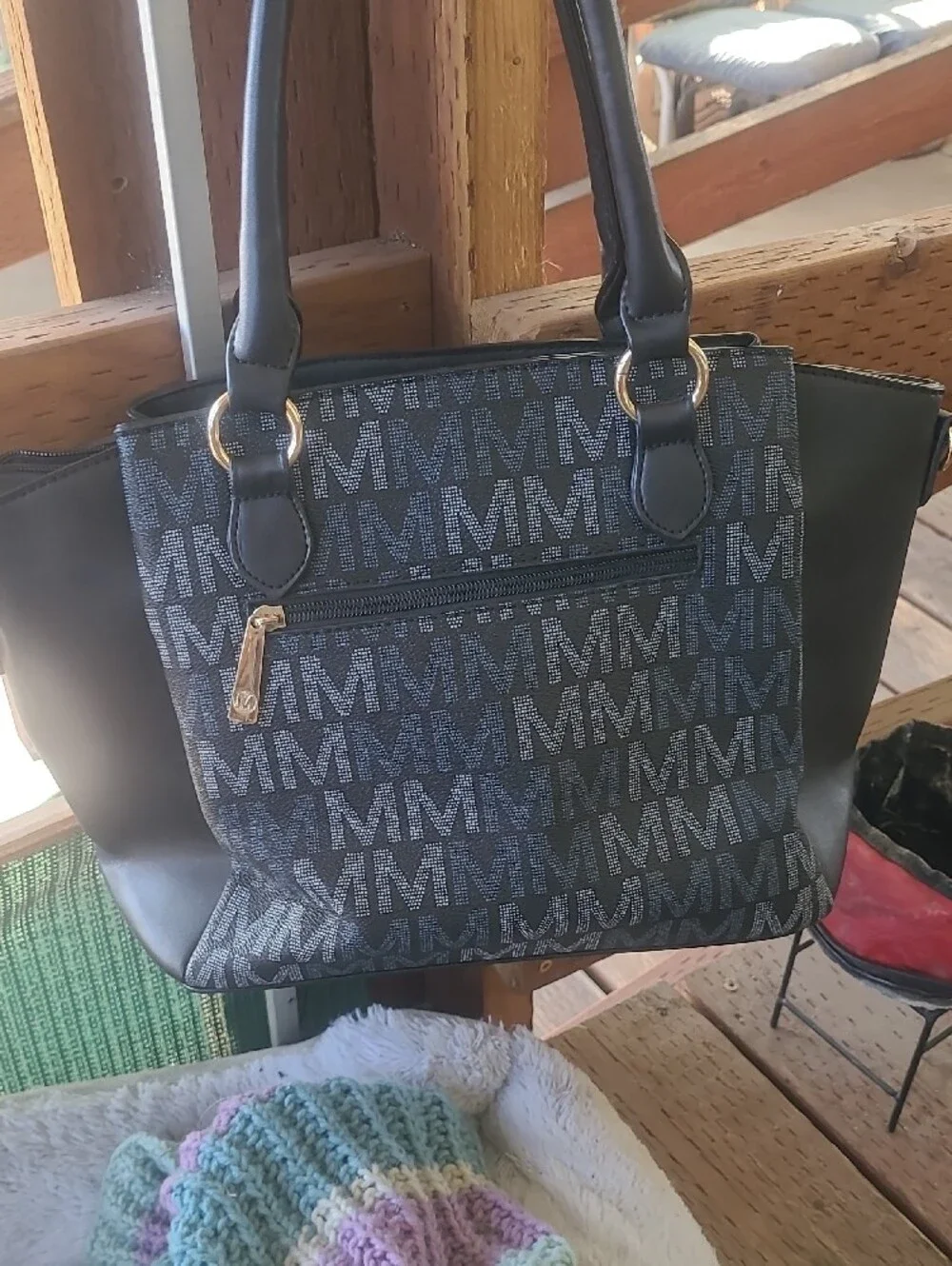 MFK Monogram Pattern Navy Blue Crossbody Tote Bag